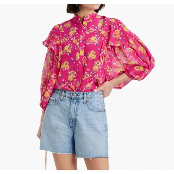 Saloni Chloe Silk Floral Blouse Top Size 4 Pink Button Front Ruffles Feminine - Picture 1 of 14